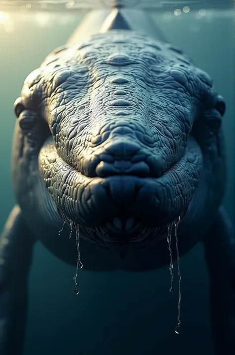 A close-up view of a blue whales head and blowhole, with droplets of water glistening in the sunlight, showcasing its immense size and intricate textures