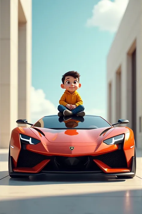 A Boy sitting a Block Lamborghini 