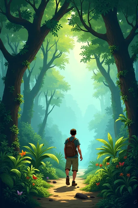 A lone traveler walking through the jungle:
Envision a traveler moving through the forest, captivated by the serene beauty and mysterious atmosphere around him.disney animated 