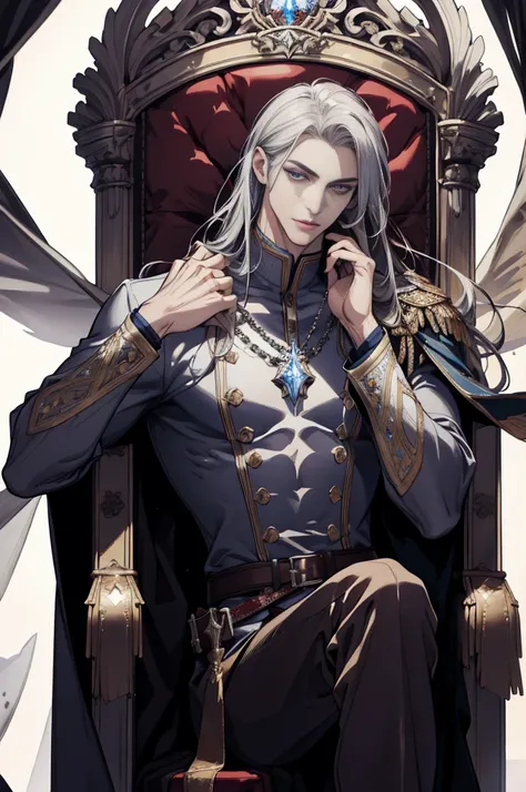 (Absurd,  High Resolution , Super detailed), 1 male, adult, good looking, Tall, muscular man, Broad shoulders, Detailed eyes and face, Long Hair,  fantasy, Great background, throne, Magical Effects, inflammation