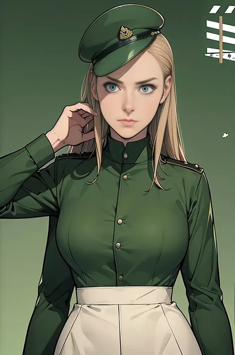 Practical,Green military uniform,(Basic movie reference: 1.8),Practical,Air Force General,(Practical face resolution),Movie pose,aldult, Skeleton ,Large target, A Woman with Long Dark Blonde Hair,Serious face,Science Fiction,Science Fiction,Various Support...