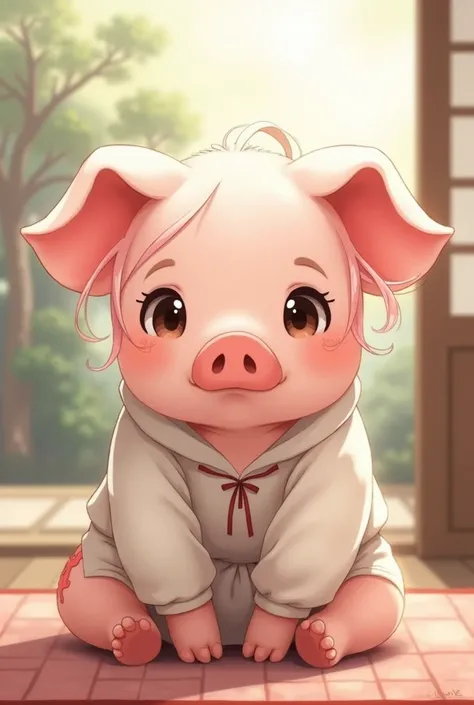 A pig girl is sitting in Japanese anime style