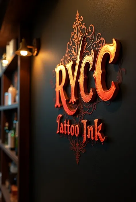  Create a tattoo studio with a beautiful logo engraved on the wall with stylish lettering lettering with the company name RYCC TATTOO INK, with the logo in the colors gold and red 