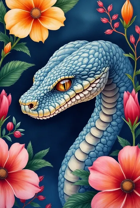 In the style of watercolor、 David Paul Thayer style snake head、 flowers and vibrant hues in watercolor style .