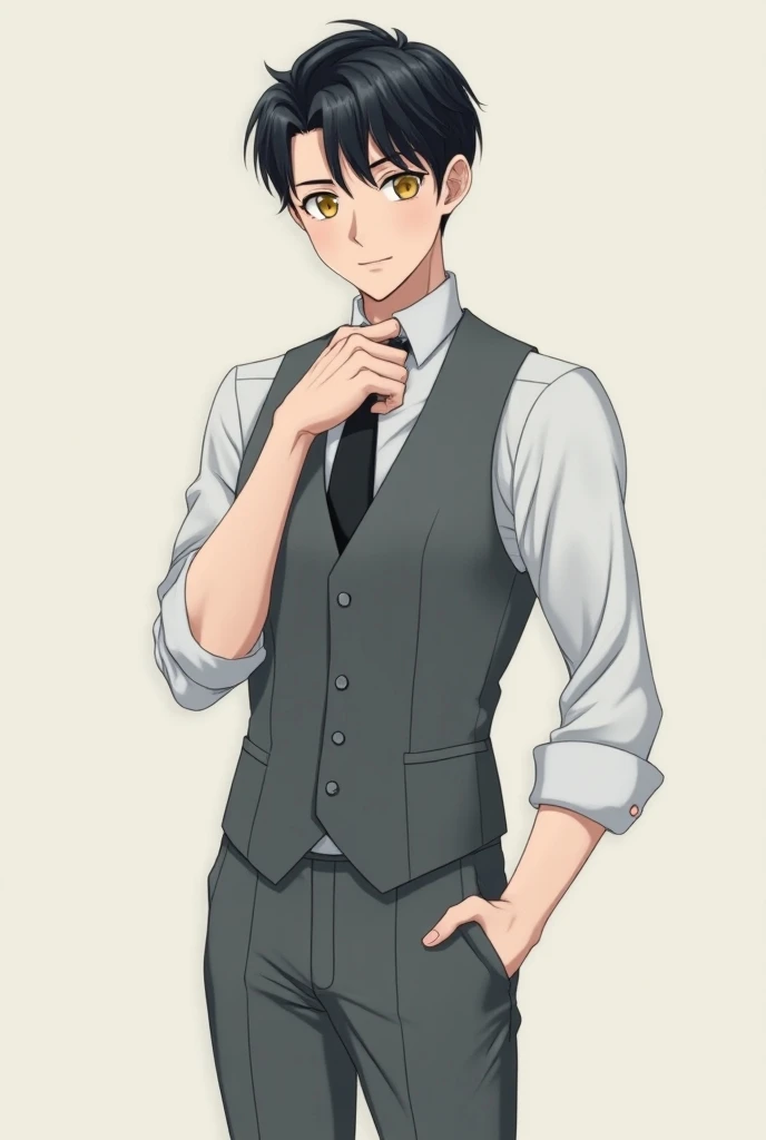 full body characters concept , full body character , black hair with bangs parted slightly to the side, zayne from love and deep space , anime style, 25 year old man,dark yellow eyes, wearing a white shirt, grey vest, black tie, body a bit masculine, grey ...