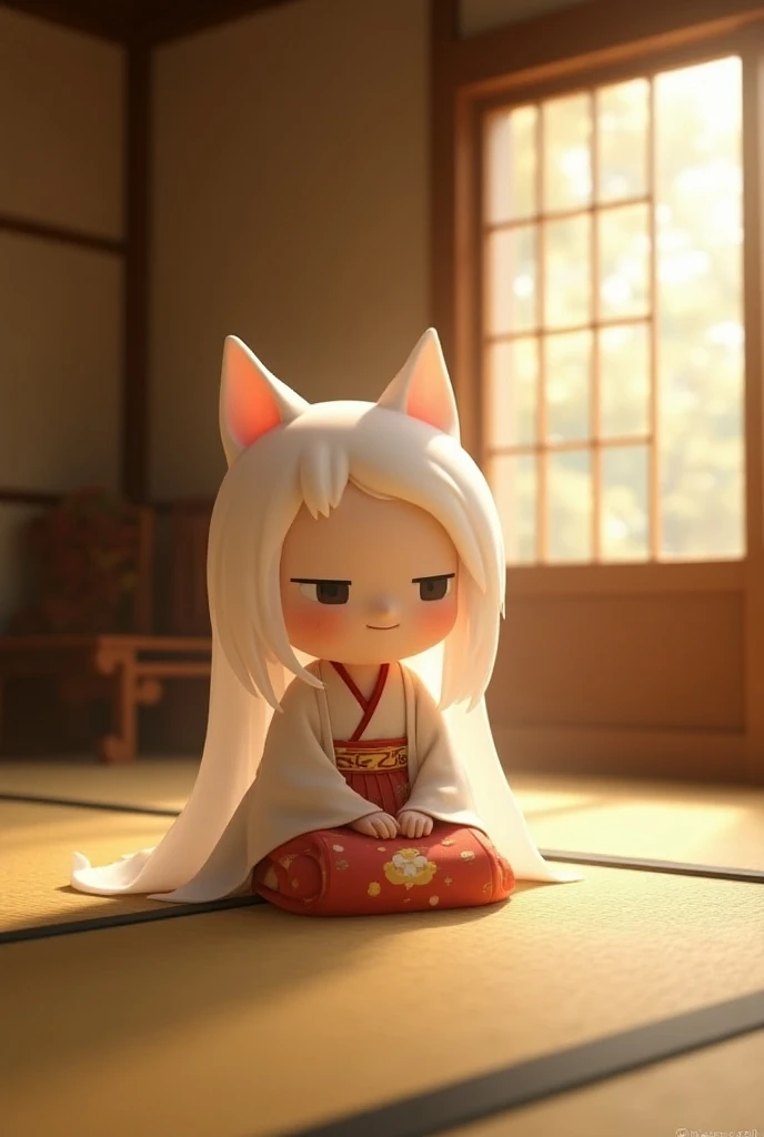 Create a photorealistic image of Zashiki-warashi (Zashiki-warashi), a -like yokai with a friendly and innocent appearance, sitting in a traditional Japanese tatami room. The  should be dressed in a simple kimono, with an ethereal glow surrounding them, sym...