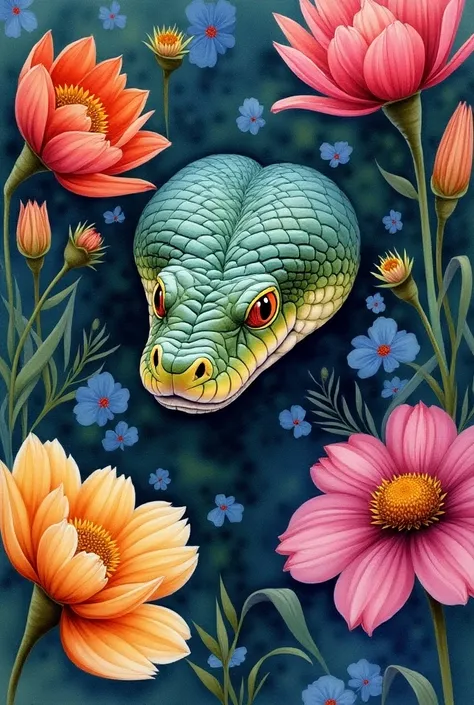 In the style of watercolor、 David Paul Thayer style snake head、 flowers and vibrant hues in watercolor style .