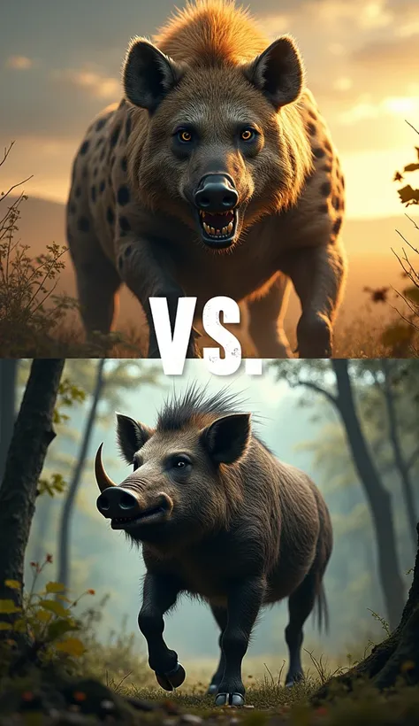  A separate digital image of a prehistoric big hyena above and a wild boar below.  A wild boar stands against a green forest landscape . A large hyena with sharp teeth,  with strong eyes with yellow stripes and a savanna in the background . The word “VS” ,...