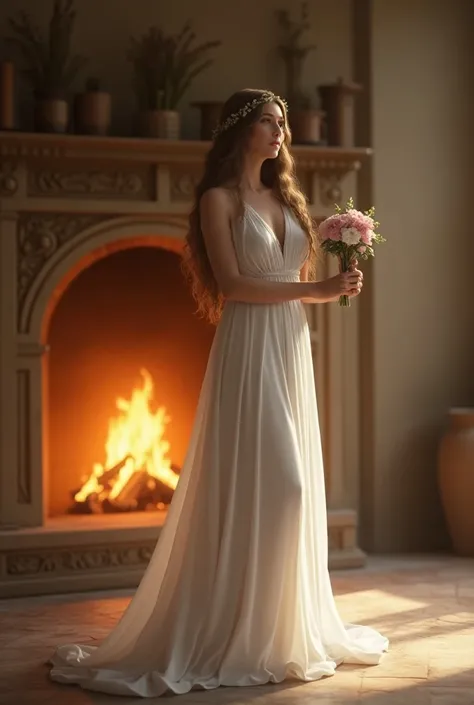 Hestia, beautiful and graceful goddess in Greek mythology, long hair, white dress, is near the fireplace