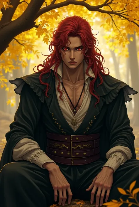 A male 30 yaers cold , red hair , long hair , 190 cm height, red eyes, have no emotion face, wear renaissance costume , light novel art style , sit under yellow tree , have a villian felling