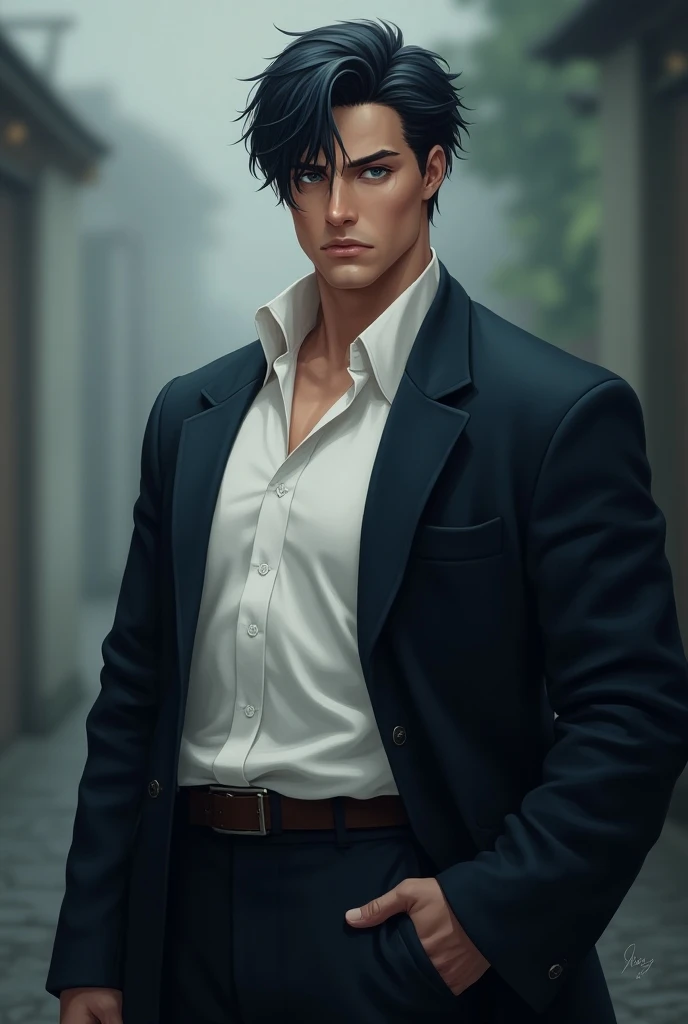  masterpiece ,   best quality, high quality, height, 1 man, alone, black and blue hairผมสั้น, blue eyes, White shirt ,Black Work Robe, full body , Standing,  hand in pocket, angry, Depth of field, 