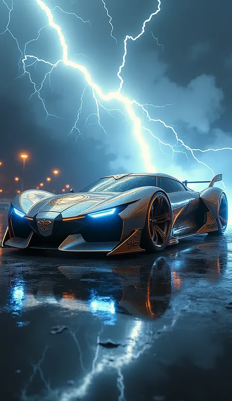 Got it! Heres a refined text prompt with more Thor features and vibrant colors:

"A futuristic car heavily infused with Thors features. The vehicles sleek, metallic silver and gold body reflects the essence of Asgard, with lightning bolts constantly crackl...