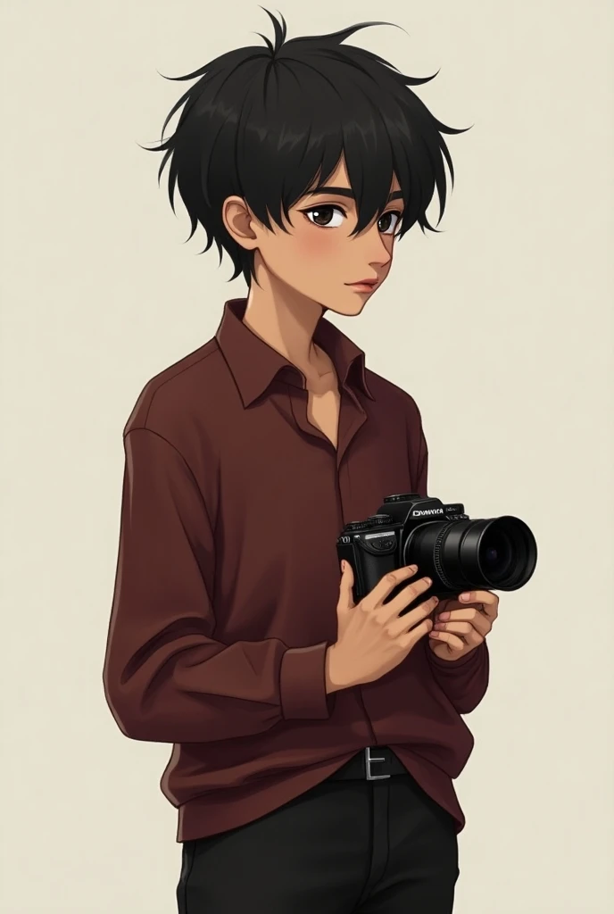  A s boy with black hair marron shirt camera on hands with stylish pose full body looking right side