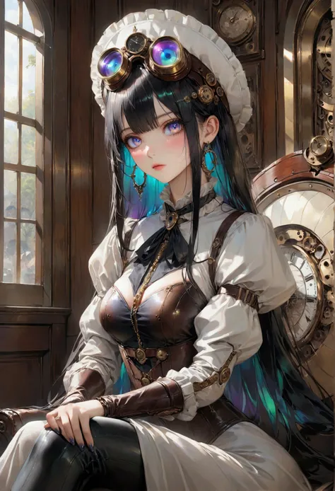 Long smooth straight black hair, inner dark iridescent hair, iridescent eyes,hourglass body figure, sitting in steampunk clothes. masterpiece, super detail,detailed eyes, best quality, 8k,realistic