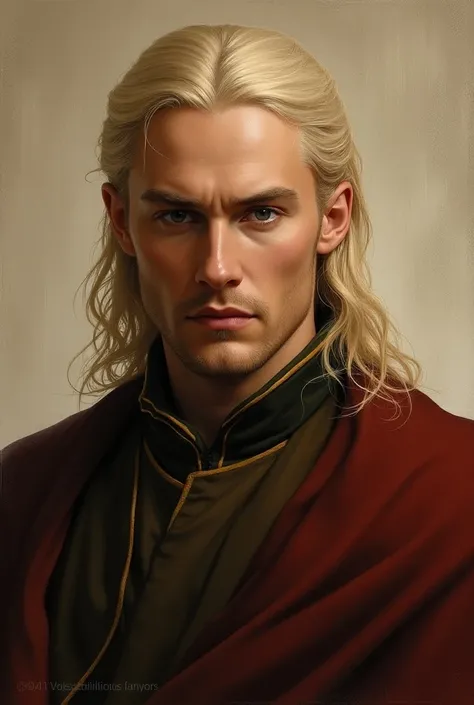 a portrait of Lann, the clever, founder of house Lannister from A Song of Ice and Fire. He is a blonde man with a slightly mischievous expression