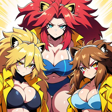 anime, cyberpunk female, 5 lion-girls, anthro lion girl, lion girls, lion mane, huge hair, large breasts, blue bra, large yellow...