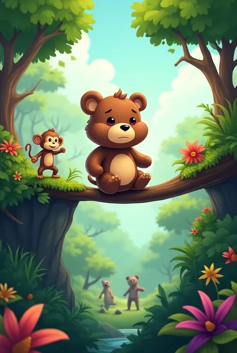 A bright and vibrant jungle with lush green trees and colorful flowers. In the center, a cute cartoon bear is stuck on a branch overhanging a cliff, looking adorably worried. A small, playful monkey watches from the trees, ready to help, with a cheerful ex...