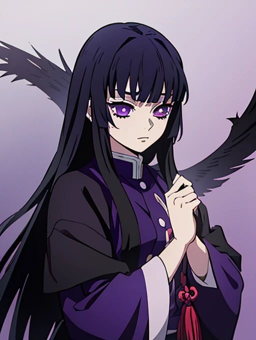 high quality, colorful, a girl from the anime Kimetsu no yaiba with long black flowing purple hair and bangs slightly covering her face with dark purple eyes wearing a purple black Ibis hunter outfit Black eye pupil and a twilight purple ink sword Fighting...