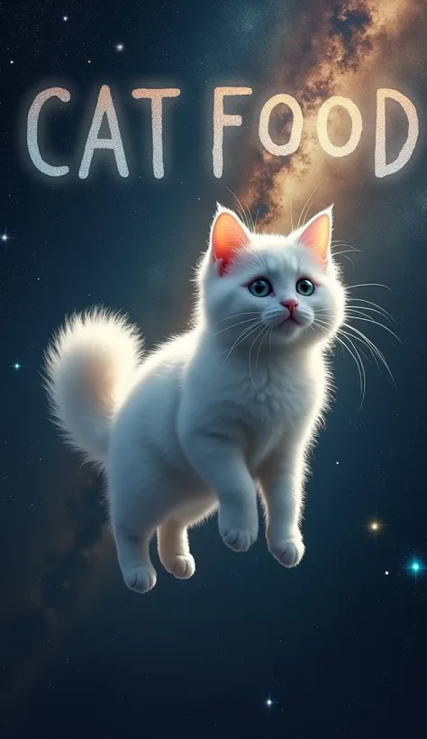 White cat, 、Space background (beautiful shining stars and galaxies), Space Cat, big 、 on the screen is written in big letters on the screen,Munchkin、Cat food
