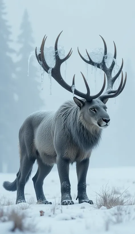 A hulking beast with the body of a panther, coated in silver-gray fur, and majestic elk antlers adorned with icicles. Its breath fogs the icy air as it stands on the snowy plain, poised and ready to move