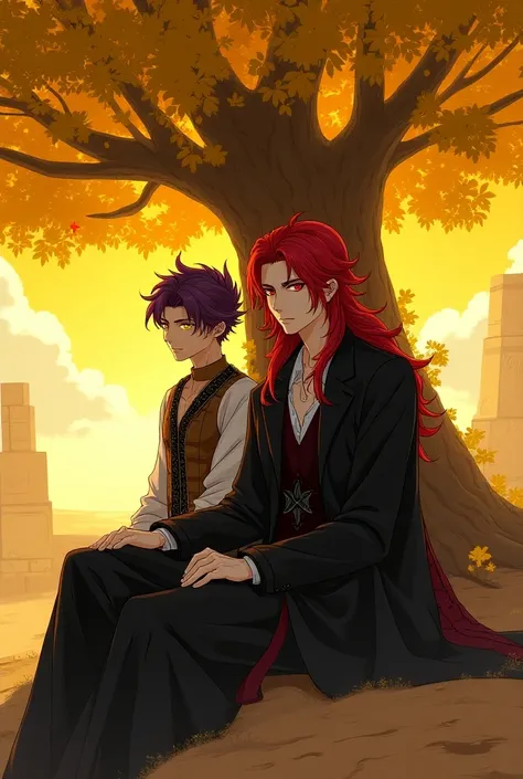 A male 30 yaers cold , red hair , long hair , 190 cm height, red eyes, have no emotion face, wear renaissance costume , light novel art style , sit under yellow tree , have a villian felling , stand next to a male that have purple curly hair  and yellow ey...