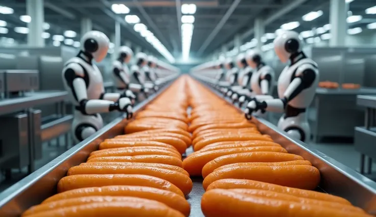 In the factory with a large amount of sausages.
In the foreground is a conveyor belt with a large number of sausages stacked on top of each other.
Robots replace workers focusing on sausages. Crispy, shiny golden sausages are stacked on the conveyor belt. ...