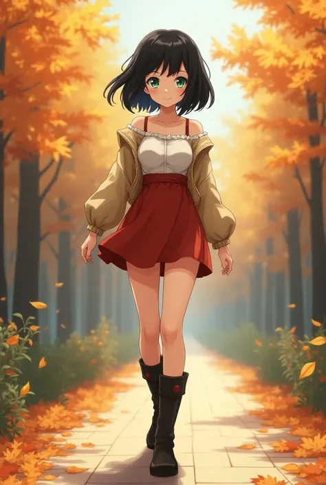 (anime)  Black-haired Girl , short, green eyes,  big breasts, slender, Smiling . Walking and wearing a short autumn dress,  with high boots 