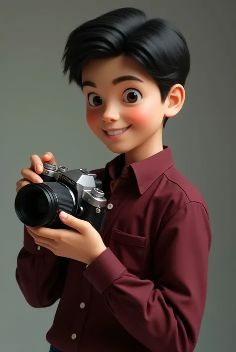  A s boy with black hair marron shirt camera on hands with stylish pose full body looking right side 3d like real photo face biscuit color and smile 