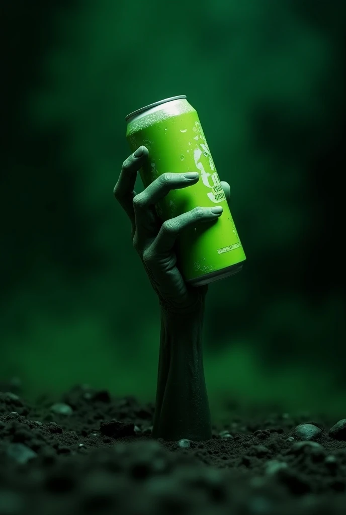 Create a dark and eerie scene featuring a zombie hand emerging from the ground, clutching a vibrant green juice can. In the background, incorporate shades of green to create a sinister, undead atmosphere. A partially visible zombie face gazes hungrily at t...