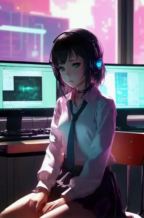 anime girl sitting in a chair with a computer on her lap, best anime 4k konachan wallpaper, cyber school girl, cyberpunk anime girl, digital cyberpunk anime art, cyberpunk anime girl mech, anime style 4 k, anime cyberpunk art, cyberpunk anime art, digital ...