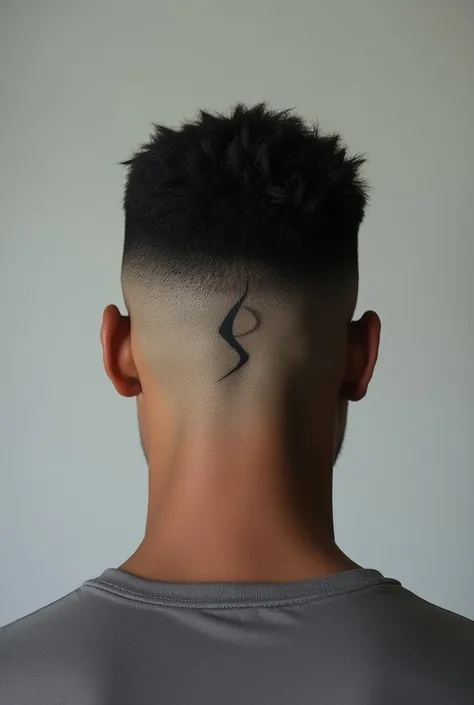  a brown man with mid fade haircut and a simple initial S haircut design on the back of his head. Show it from behind