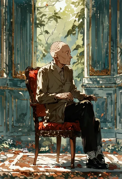  an elderly man、Landscape、whole body、 sitting on a chair 、My hair is half bald、slacks、Long sleeve shirt