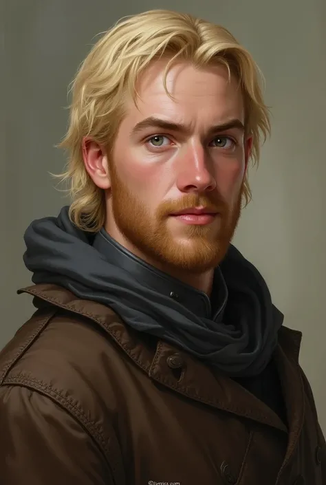 a portrait of Lann, the clever, founder of house Lannister from A Song of Ice and Fire. He is a blonde man with a slightly mischievous expression. Has a small goatee and stubble beard and uses medieval style clothes