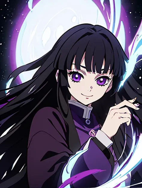 high quality, colorful, a girl from the anime Kimetsu no yaiba with long black flowing purple hair and bangs slightly covering her face with dark purple eyes wearing a purple black Ibis hunter outfit Black eye pupil and a twilight purple ink sword Fighting...