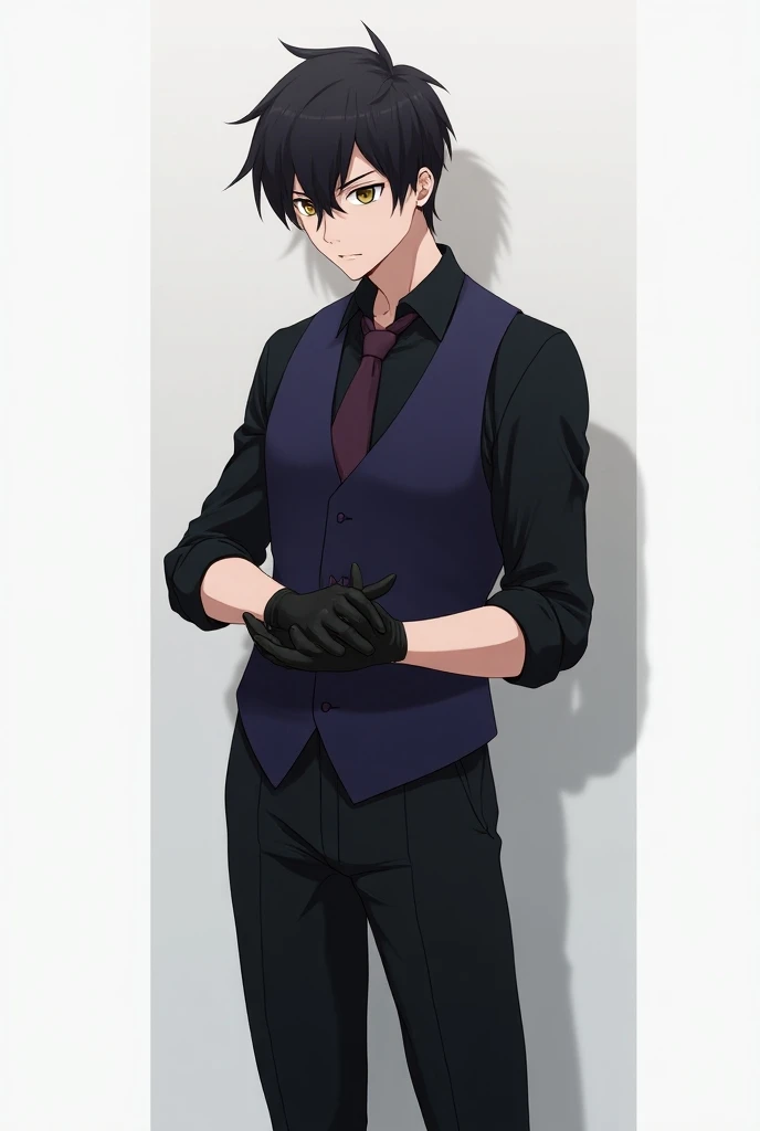 full body characters concept , full body character , black hair with bangs parted slightly to the side, zayne from love and deep space , anime style, 25 year old man,dark yellow eyes, wearing a black shirt which is rolled up to the elbow, dark blue to purp...