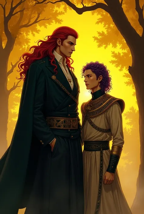 A male 30 yaers cold , red hair , long hair , 190 cm height, red eyes, have no emotion face, wear renaissance costume , light novel art style , sit under yellow tree , have a villian felling , stand next to male 30 yaers old that have purple curly hair  an...