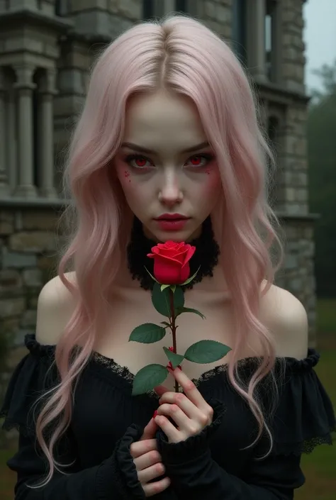 Une jeune fille de 17 ans, Real version , With blond skin ,  with slightly open pink lips and blood red eyes,  she has long wavy pale pink hair . Dans ses mains,  she is holding a red rose , et lune de ses mains saigne comme piquée par lépine de la rose.  ...