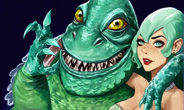 A cute woman (in the role of the sexy wife of the creature from the black lagoon, ear fins, large sharp claws, big sharp teeth, fish eyes, patches of aqua marine scales), she wants love, night pond
