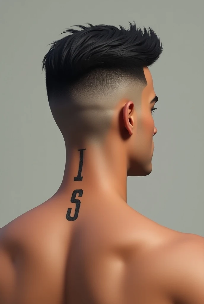  a brown man with simple initial S made on the back of his head as a haircut. Show it from behind