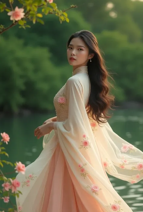 BEAUTYFUL VIETNAMESE WOMAN WEAR AO DAI VIET NAM LONG 10000 meters with flow of pink rose