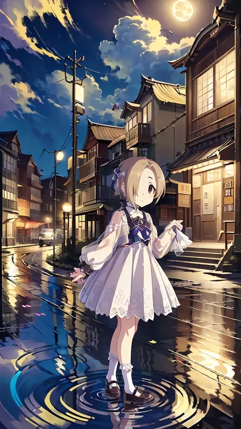 masterpiece, Best Quality,  High Resolution ,  very detailed,(((Shirasaka Koume))), ((( white dress))), (((Standing at a distance))), (((Positive。))), (((Around town))), (((Full moon background))), (((White socks))), (((night))), (((Puddle))),((( 1 girl)))...