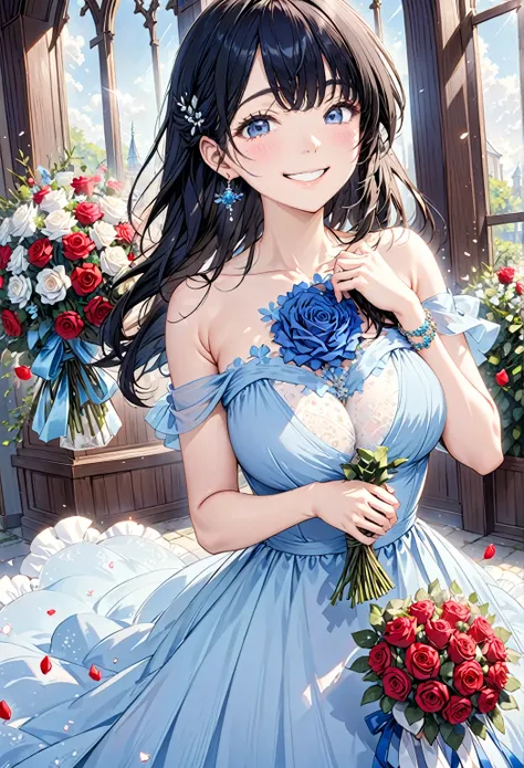 thin、cute、a majestic church、One Woman、(  holding many bouquets of roses in front of my chest with both hands、Blue wedding dress  :1.5), bracelet, earrings、  with grains of light scattered all over the screen  .、Long black hair, Large Breasts、First Person V...