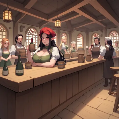 red tricorn hat、 a bearded, plump fairy 、pointy ears、bar run by crullahorn 、 an elf female master and waitress showing their fac...