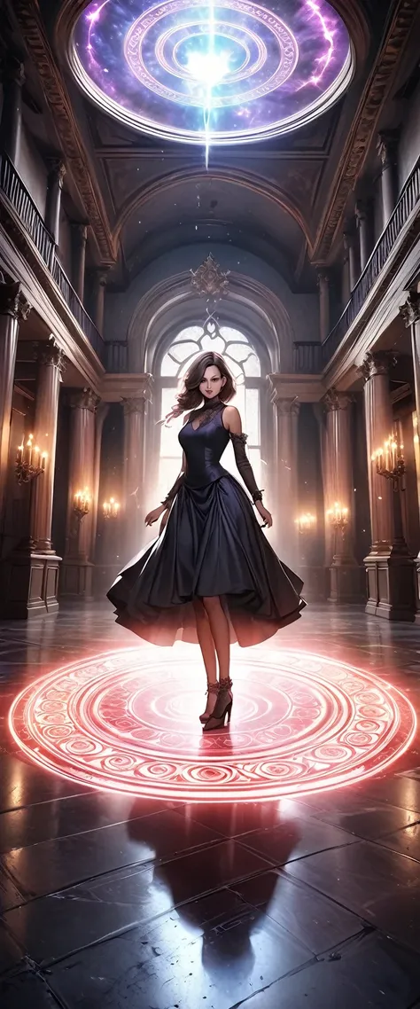 “A photorealistic image set in the grand hall of an old Western-style mansion, where a beautiful female demon is being summoned from a glowing magic circle on the floor. The scene is intense and dramatic, with vivid details capturing the realistic textures...