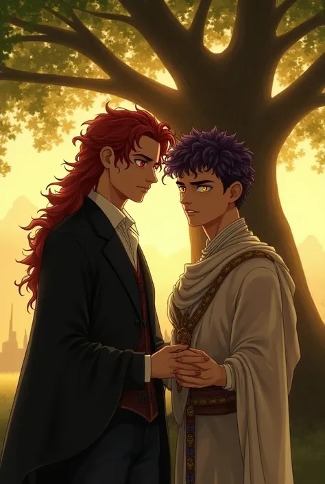 A male 30 yaers cold  , red hair , long hair , 180 cm height, red eyes, have no emotion face, wear renaissance costume , light novel art style , sit under yellow tree , have a villian felling , stand next to male 30 yaers old that have purple curly short h...