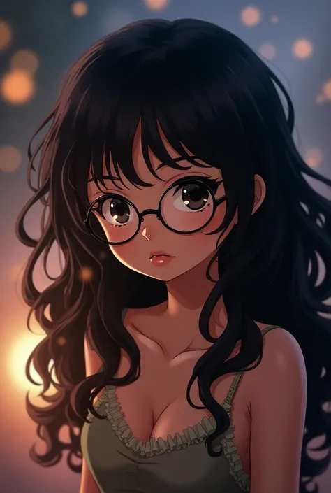 Girl of normal build ,  curly skin with long, straight black hair, Short with ,  lenses stop in the style of One Piece the anime