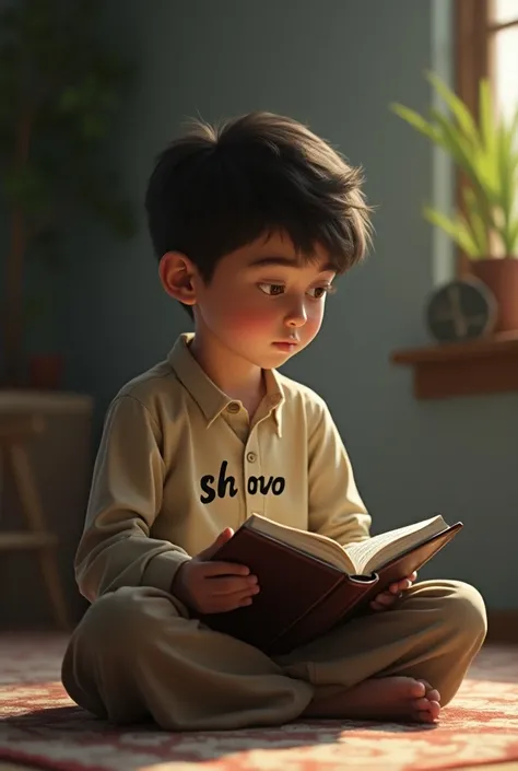 I want a picture of a boy sitting and reciting the Quran, with ‘SHUVO’ written on his shirt.”