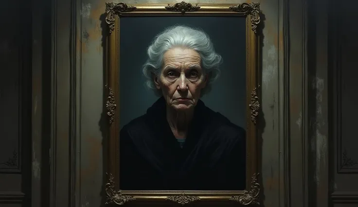 Make a picture of an old lady mysterious face picture hanging on a huge wall inside a dark mansion 