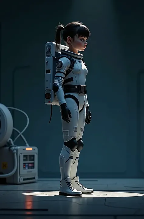 1 female , 9y, standing, tight white space 
suit, 1:3, earrings, slim body, side view, facing slightly forwards, no breasts, waist belt, blue eyes, crotch strap