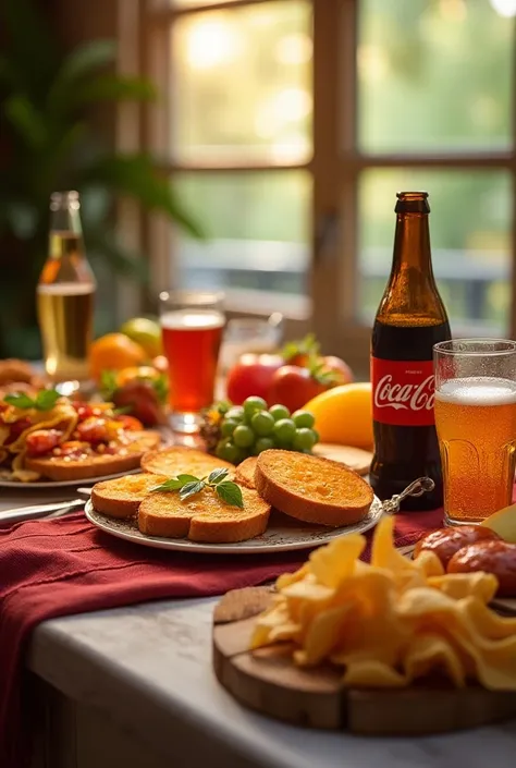 Crée une image dune table avec dessus toast, chips, saucisson sec, champagne, bières, jus de fruit, coca